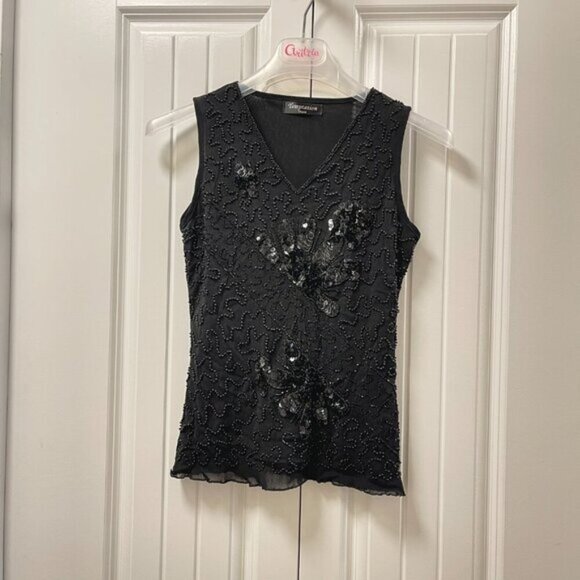 Vintage Embellished Sequin Sleeveless Top Black - Picture 2 of 12